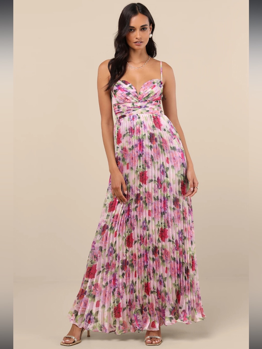Lulus Floral Pleated Satin Pink Purple Pleated CottageCore Maxi Dress NWT Sz M